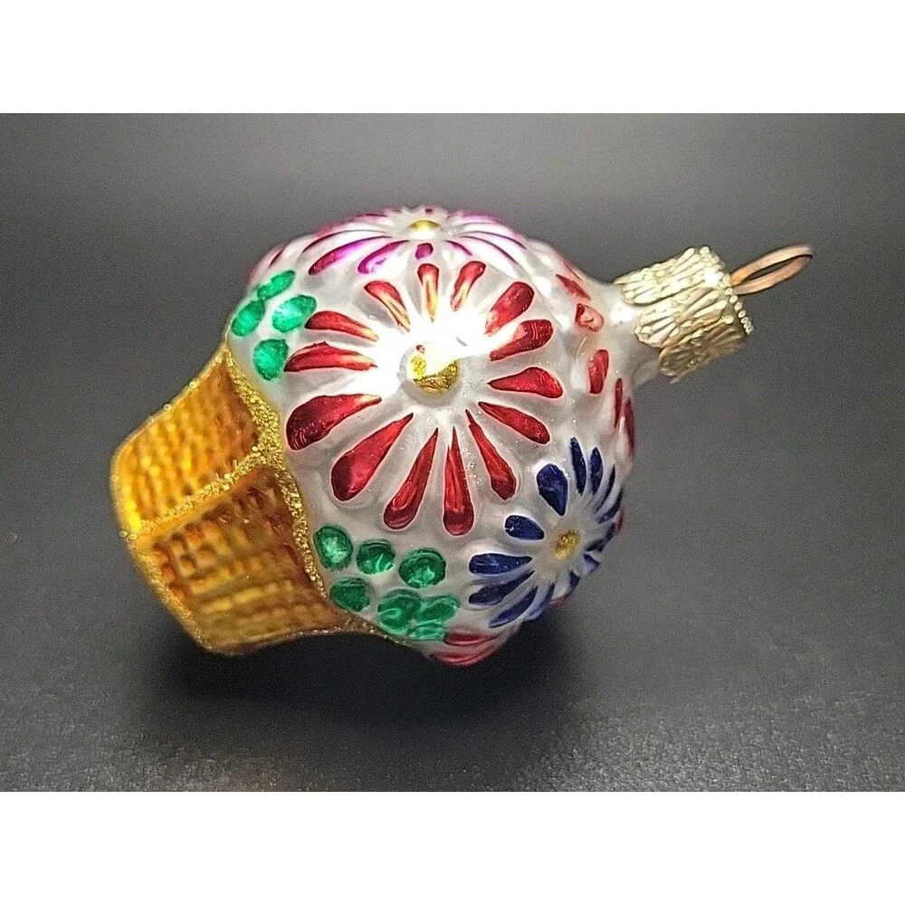 Vintage Czech Republic Blown Glass Flower Basket Christmas Ornament Mini 2.5”